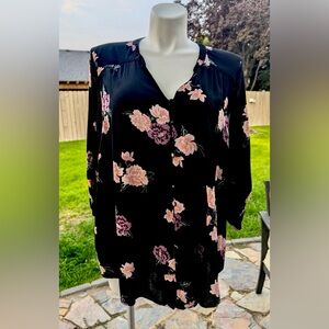 Torrid Floral Black Blouse with Pink and Purple Accents